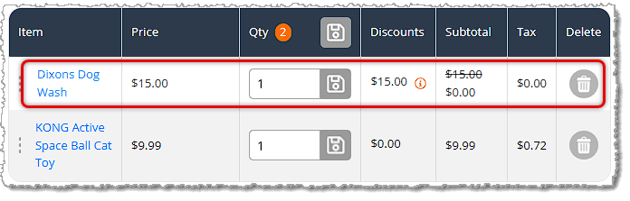 Image showing a transaction line item redeemed from a Subscription plan on the New Sale page of the eTailPet system.