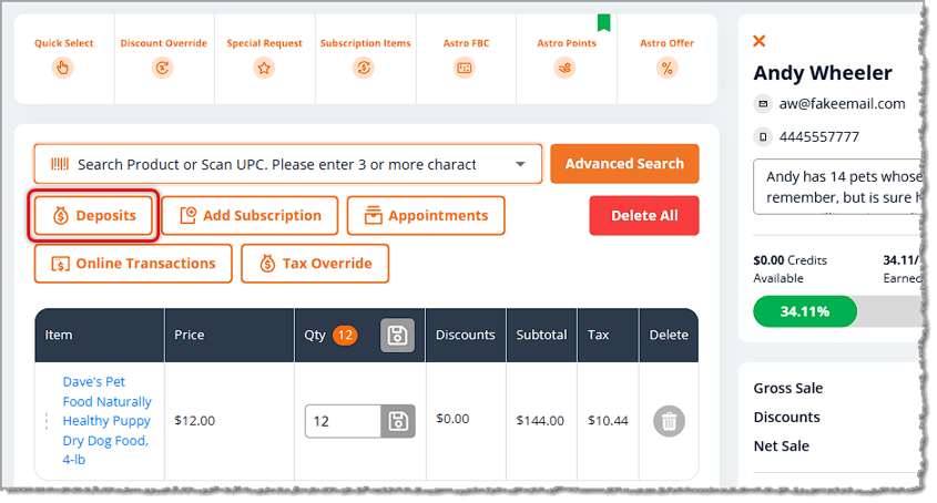 Image showing a Special Request item in a New Sale with the Deposits button highlighted in the eTailPet system.