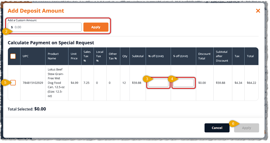 Image showing the Add Deposit Amount window with deposit configuration steps highlighted from the eTailPet system.