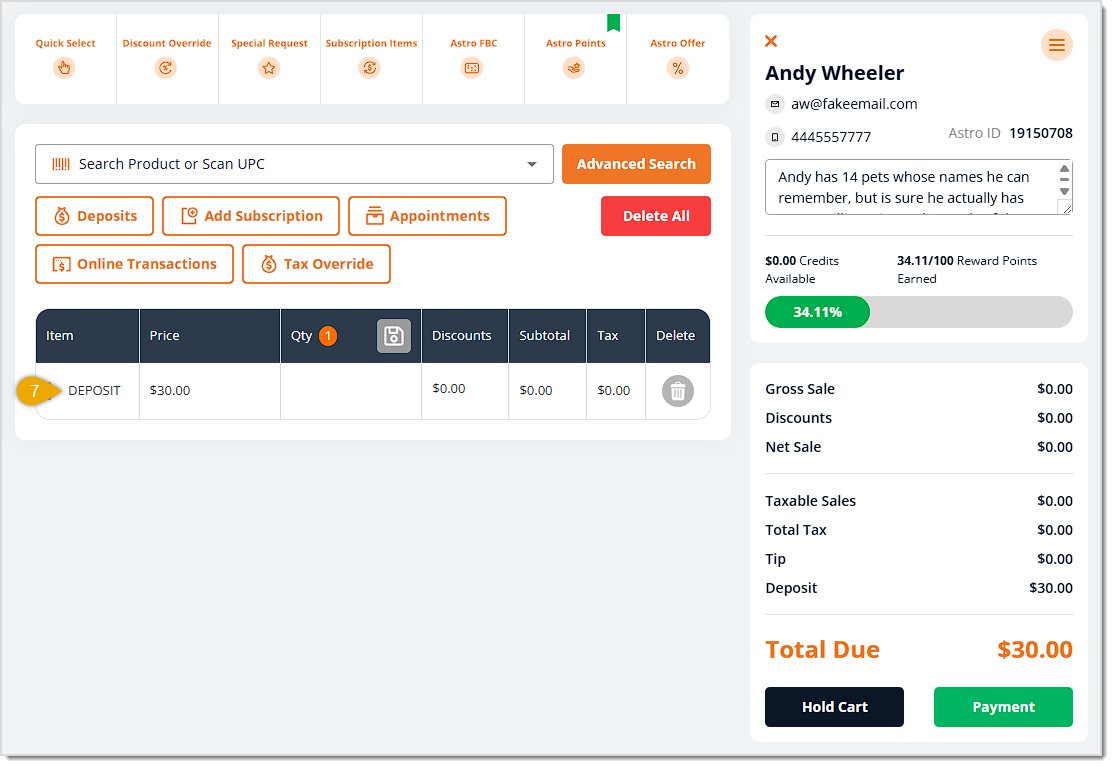 Image showing a Deposit in the New Sale page of the eTailPet system.
