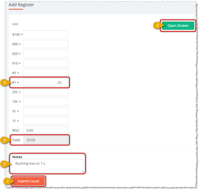 Image showing the Add Register page with steps for adding cash to the drawer in the eTailPet system.