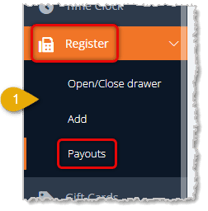 Image showing the Register area of the main system menu with Payouts highlighted in the eTailPet system.