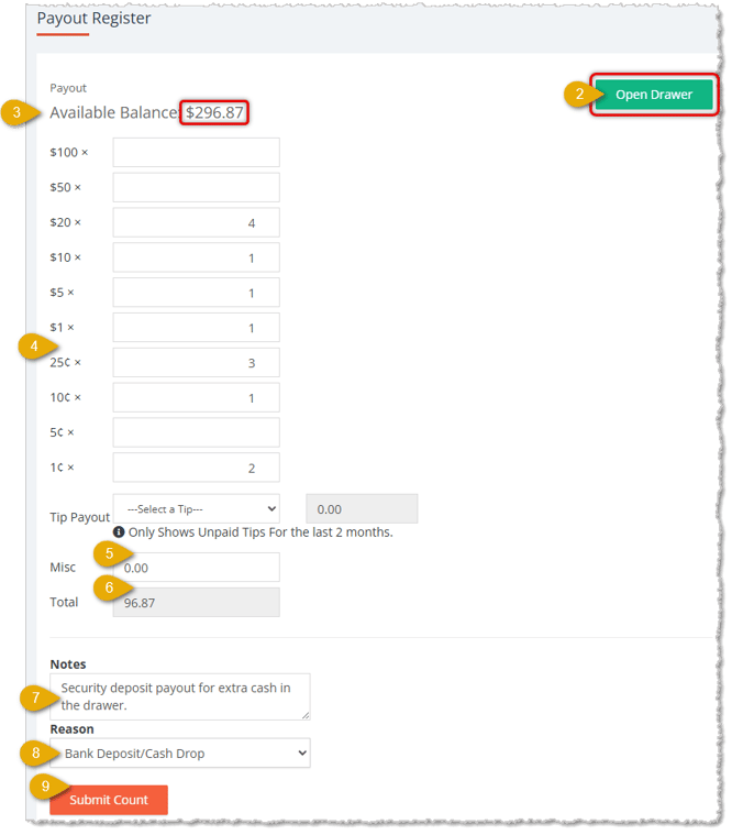 Image showing the Payout Register page with steps for removing cash from the drawer in the eTailPet system.