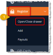 Image showing the Register area of the main system menu with Open/Close Drawer highlighted in the eTailPet system.