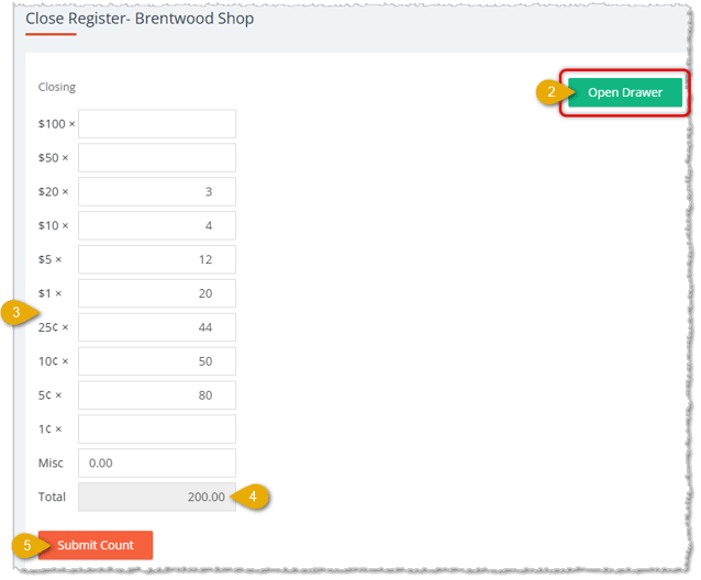 Image showing the Close Register page with steps for a final cash drawer deposit from the drawer in the eTailPet system.
