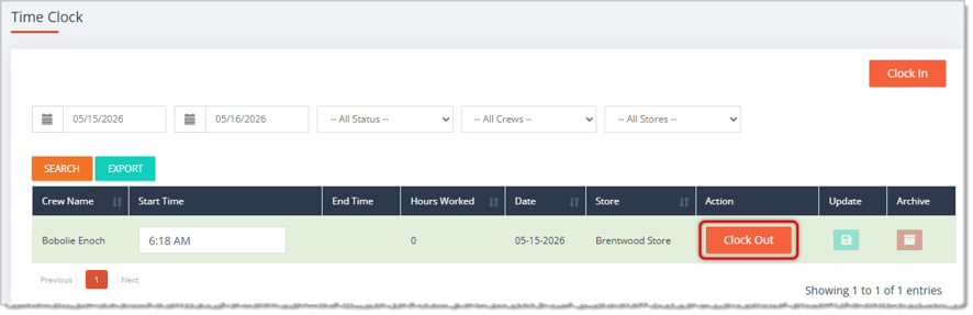Image showing the Time Clock page of the eTailPet system with the Clock Out button for an associate highlighted.