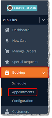 Image showing the Bookings area of the main eTailPet menu with the Appointments area highlighted.