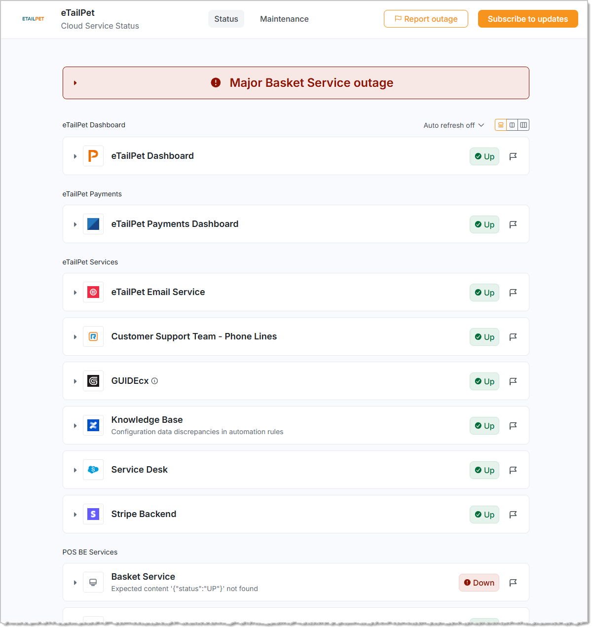 Image showing the eTailPet system Status Page, which displays real-time status of major service areas.