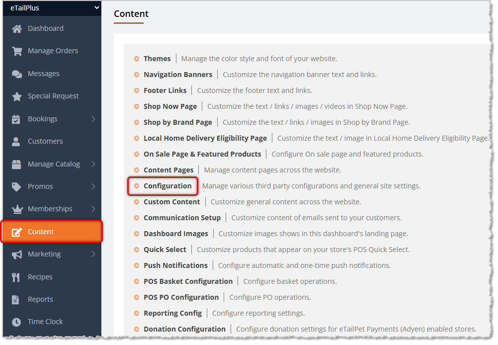 Image showing the Content page of the main system menu with the Configuration option highlighted in the eTailPet system.