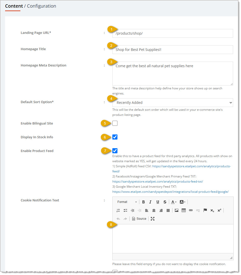 Image of the upper section for storefront website setting on the Configuration page of Content in the 0 system.