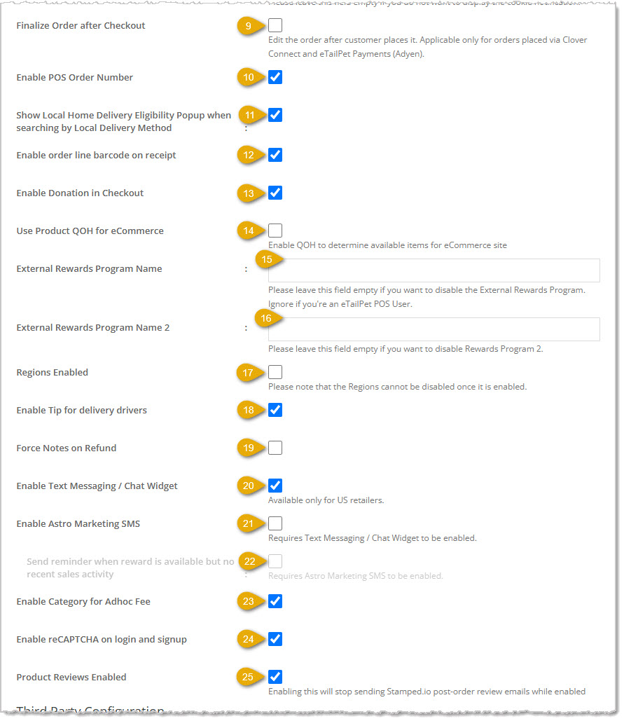 Image of the middle section for storefront website settings on the Configuration page of Content in the 0 system.
