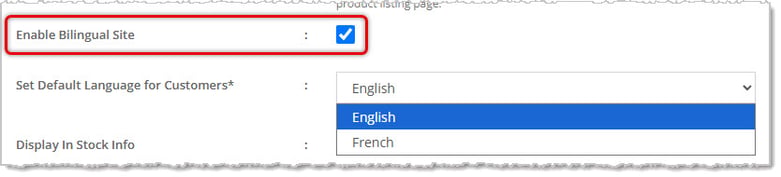 Image showing the Enable Bilingual Site setting for Canadian website on the Configuration page of the Content area of the eTailPet system.