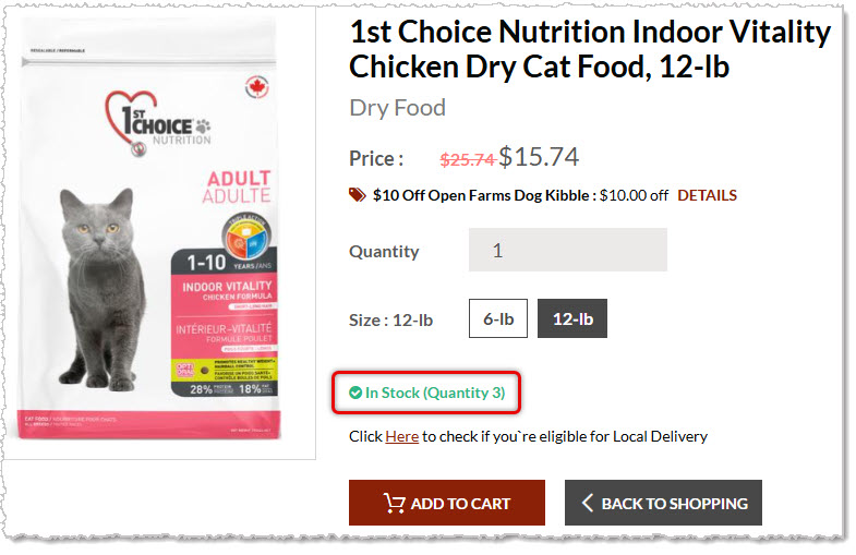 Image showing a storefront product page with the In Stock Quantity at the store location highlighted for a eTailPet storefront website..