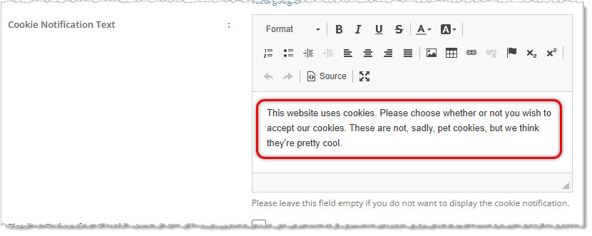Image showing Cookies notification text for the webstore on the Configuration page of Content in the eTailPet storefront website system.