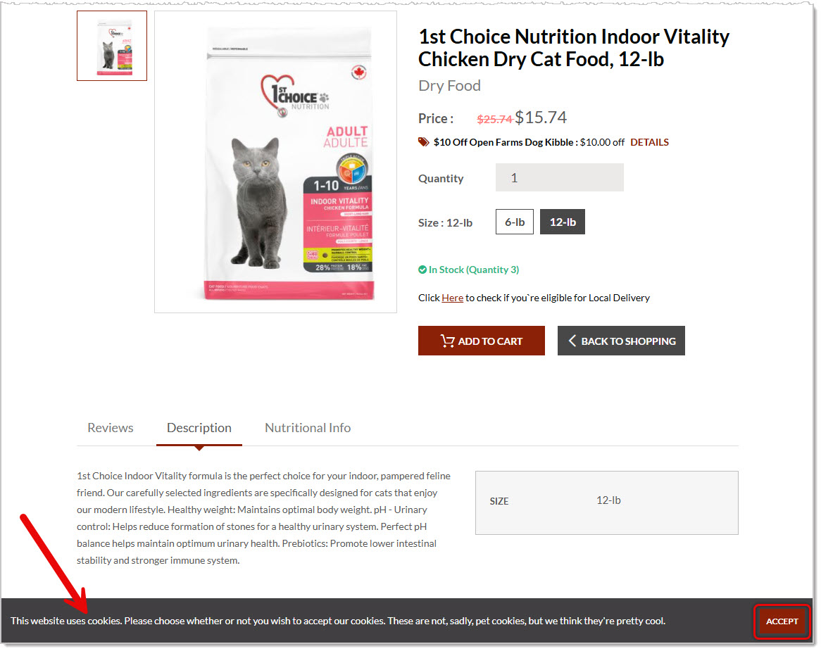 Image showing the Cookies notification banner for the webstore a eTailPet storefront website.