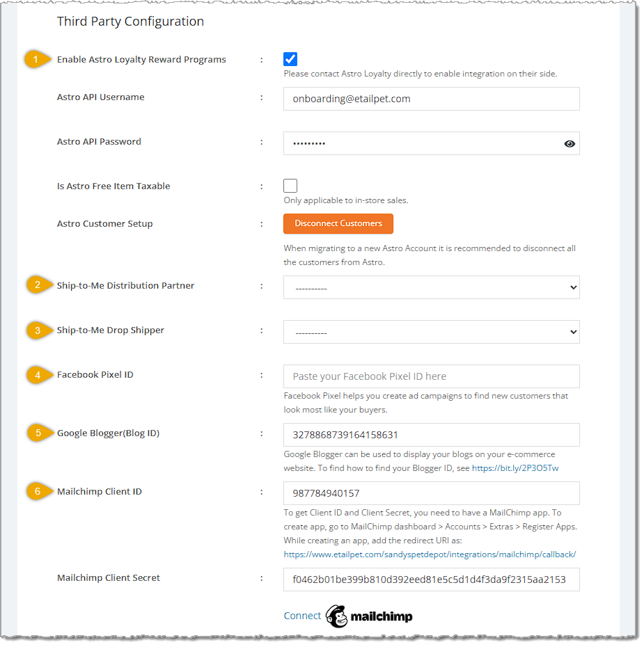 Image of the upper section of settings for third-party integrations with the storefront website on the Configuration page of Content in the 0 system.