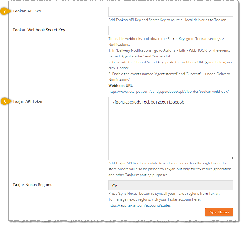 Image of the middle section of settings for third-party integrations with the storefront website on the Configuration page of Content in the 0 system.