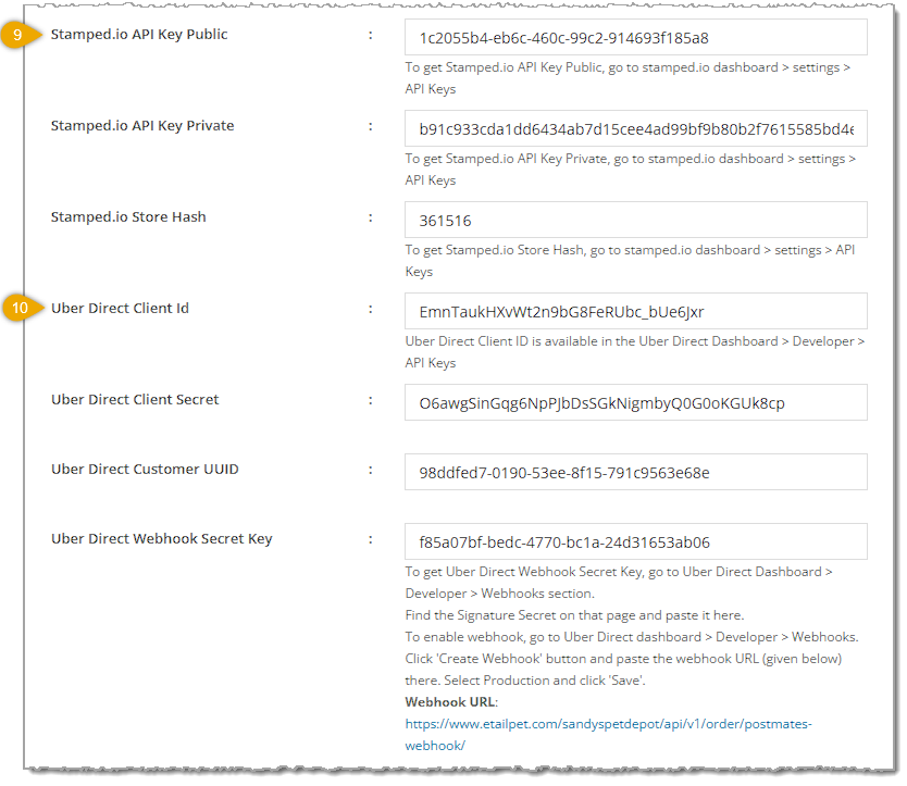 Image of the lower section of settings for third-party integrations with the storefront website on the Configuration page of Content in the 0 system.