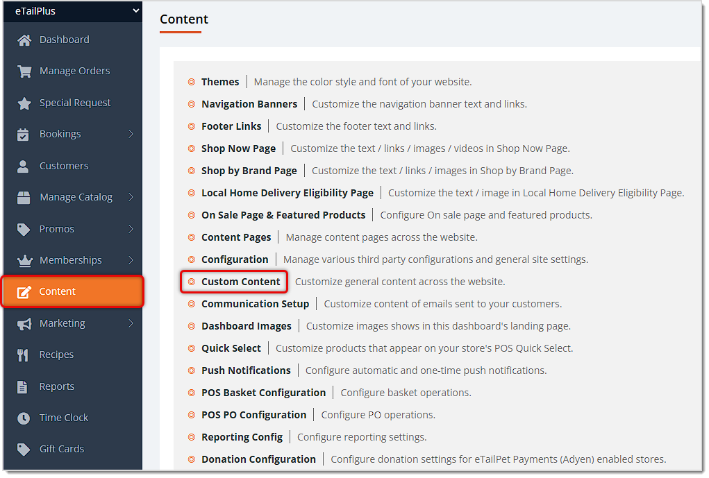 Image showing the Content page of the main system menu with the Custom Content option highlighted in the eTailPet system.