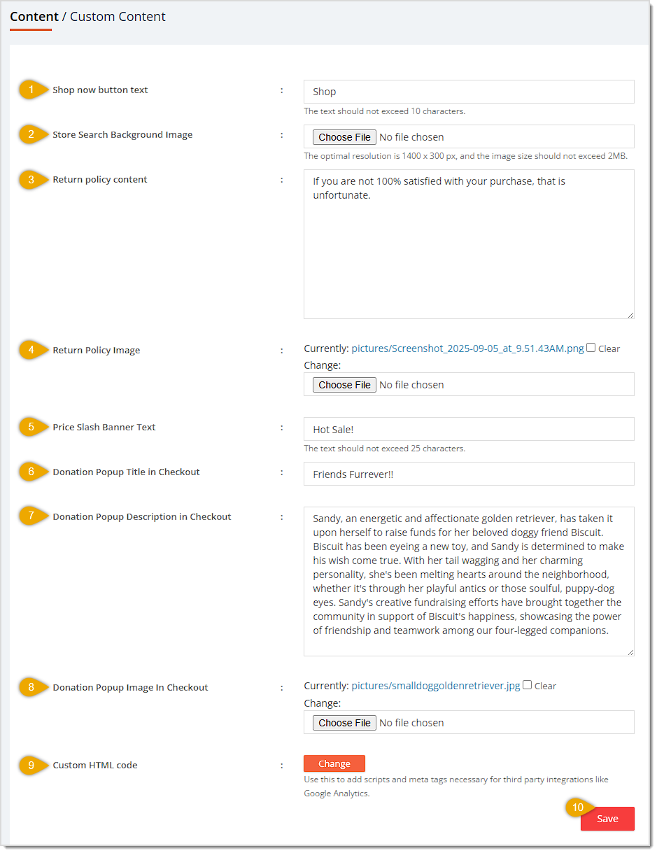 Image showing the Custom Content page of the Content area of the eTailPet system with key features highlighted.