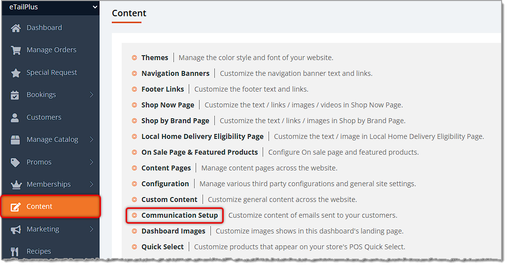 Image showing the Content page of the main system menu with the Communication Setup option highlighted in the eTailPet system.