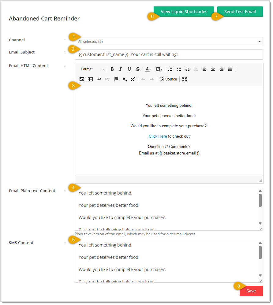 Image showing the Edit Message window from the Communication Setup page of the Content area of the eTailPet system with key features highlighted.