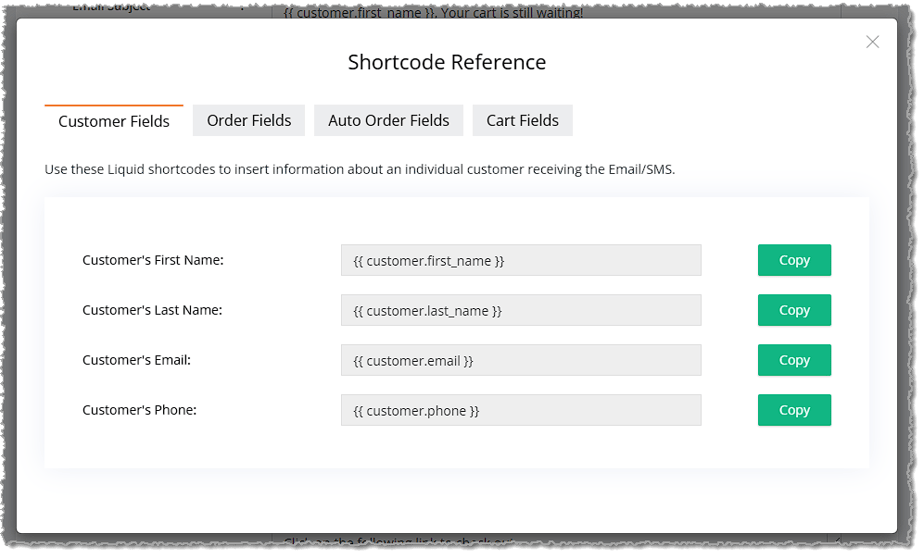 Image of the Shortcode Reference listing Liquid Shortcodes for the Communication Setup page of the eTailPet system.