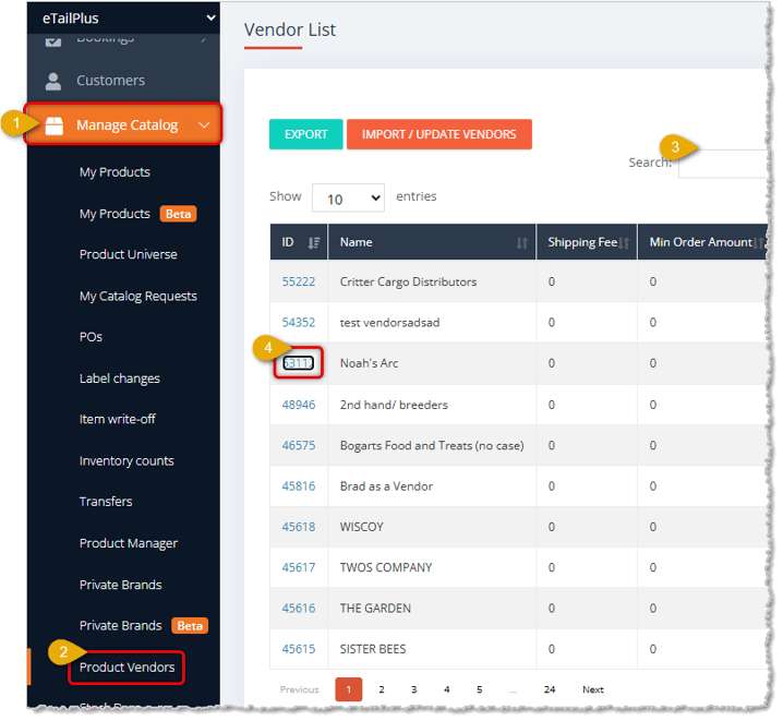 Image showing steps to open the Vendor Details page in the eTailPet system.