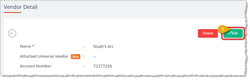 Image showing the Edit button on the Vendor Detail page in the eTailPet system.