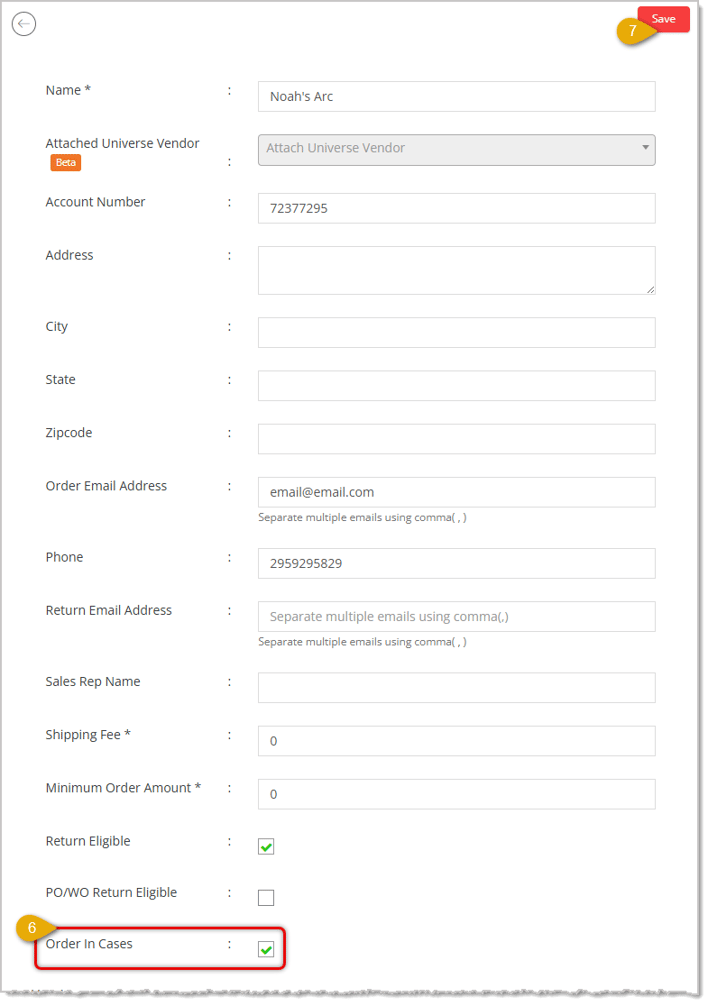Image showing configuration steps for Case vs. Each ordering on the Update Vendor Details page in the eTailPet system.