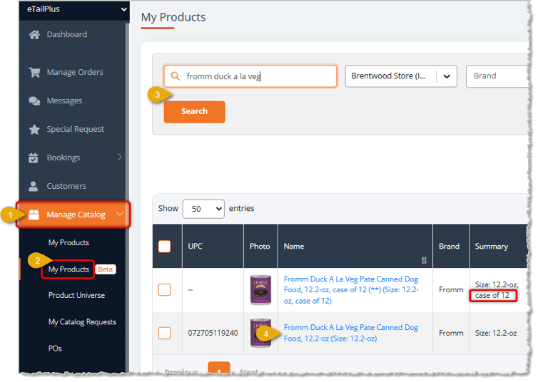 Image showing the steps to look up a product from the My Products page in the eTailPet system.