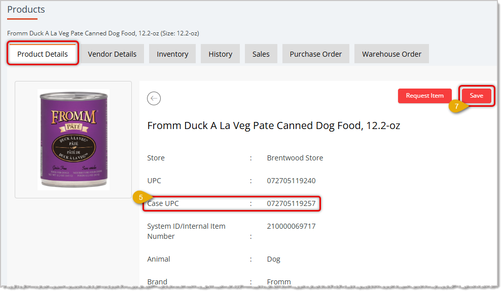 Image showing the top part of the product details tab for an item with case data highlighted.