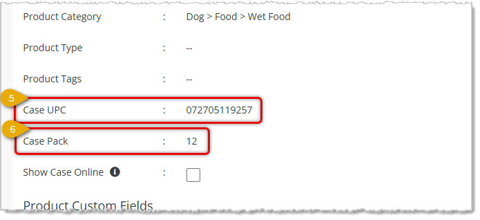 Image showing the middle part of the product details tab for an item with case data highlighted.