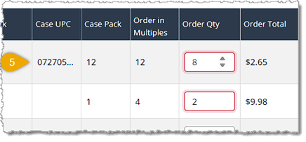 Image showing an example of how the eTailPet system handles item quantities when ordering by the case.