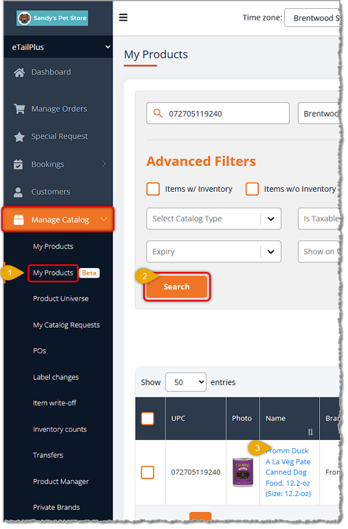 Image showing the initial steps on the My Products page to open a product's detail page in the eTailPet system.
