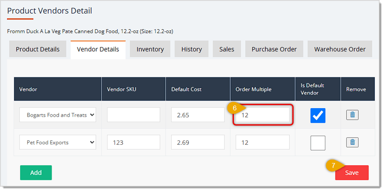Image showing the steps on the Product Detail page Vendor Details tab to set and save the Order in Multiples value for a product in the eTailPet system.