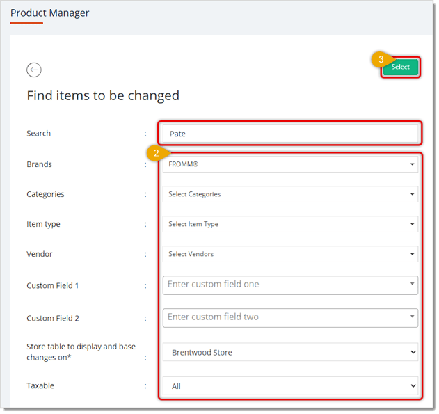 Image showing the Find Items steps of setting Order in Multiples for products in the Product Manager of the eTailPet system.