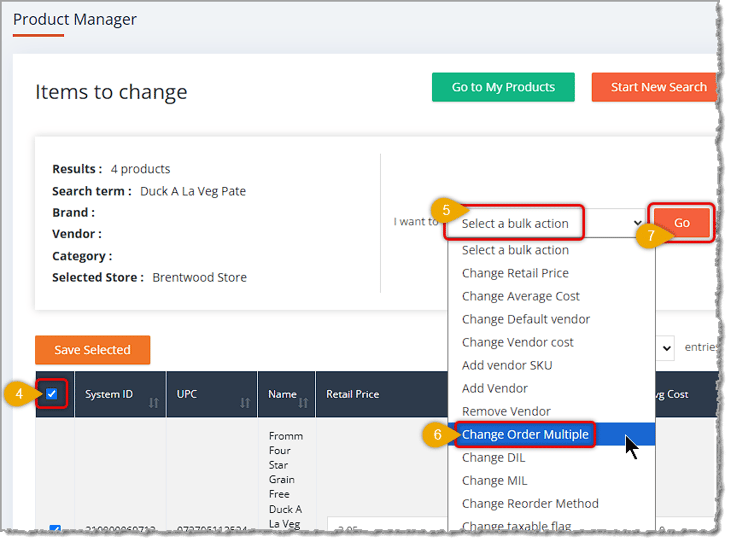 Image showing the adjust all items steps of setting Order in Multiples for products in the Product Manager of the eTailPet system.