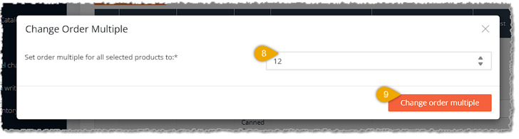 Image showing the change order multiple steps of setting Order in Multiples for products in the Product Manager of the eTailPet system.