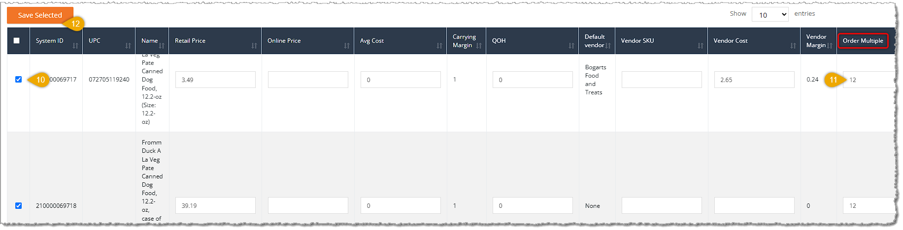 Image showing the change selected items steps of setting Order in Multiples for products in the Product Manager of the eTailPet system.