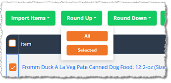 Image showing the Round Up and Round Down features usable for Order in Multiples quantities in a Purchase Order in the eTailPet system.
