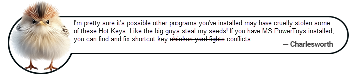 Image showing a quote from Charlesworth the chick on how to find shortcut conflicts in Windows 11.