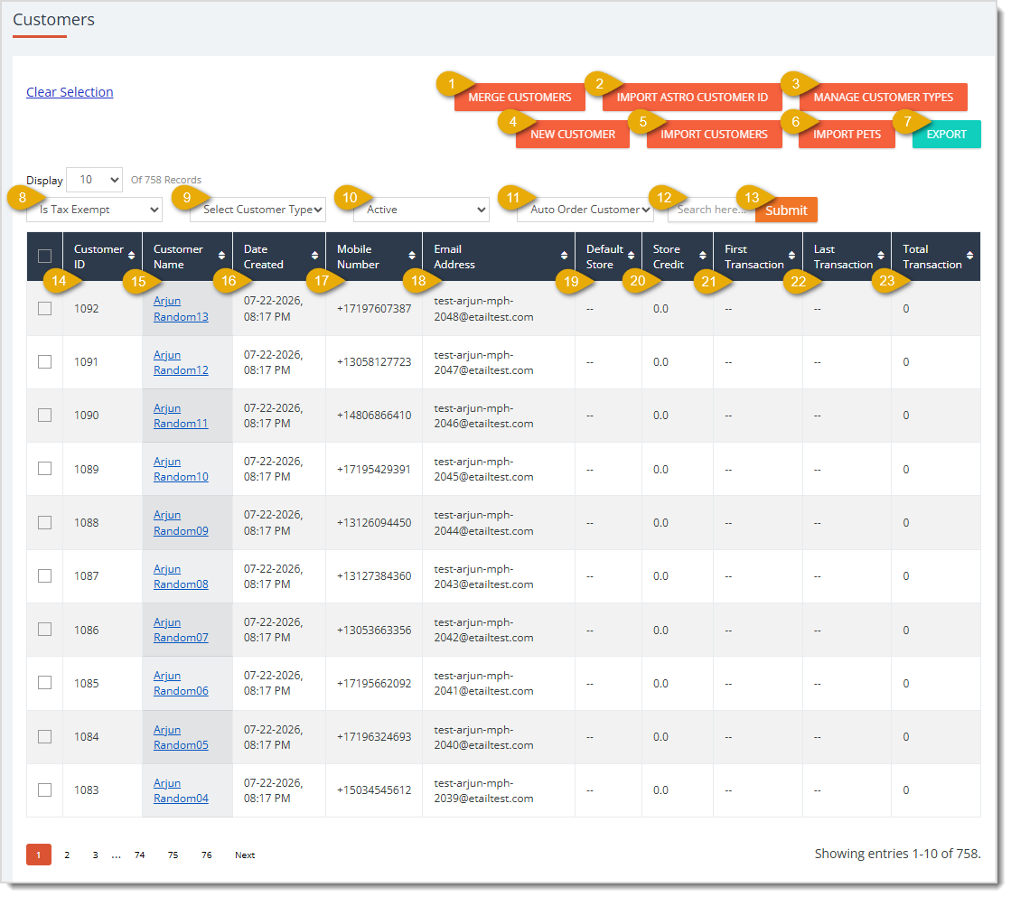 Image showing the Customers page with major functions highlighted in the eTailPet system.