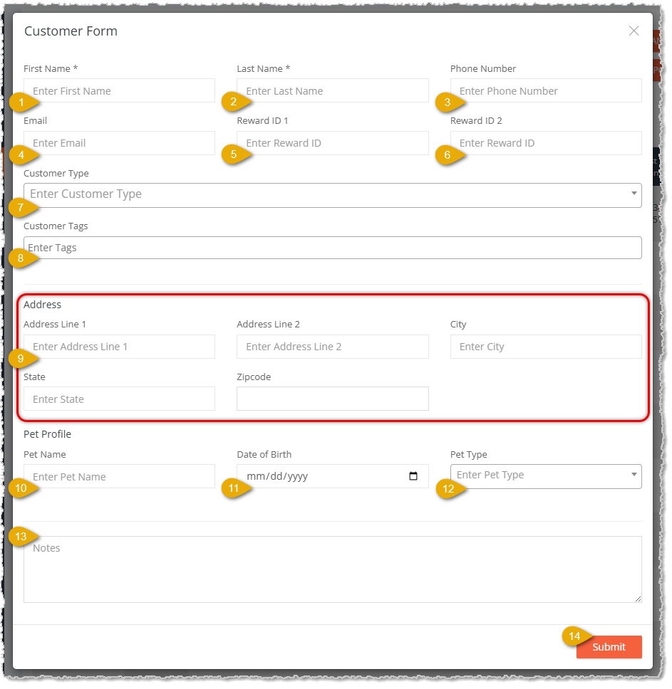 Image showing Customer Form window in the eTailPet system.