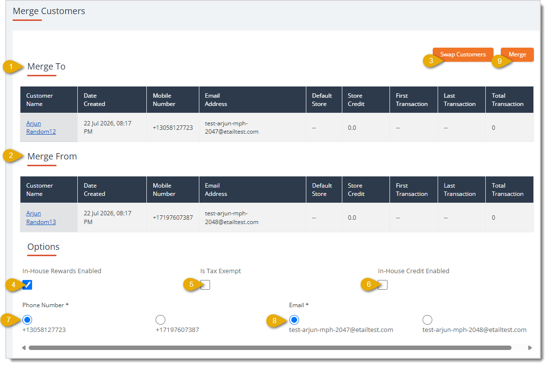 Image showing the Merge Customers page with the Merge To and Merge From tables in the eTailPet system.