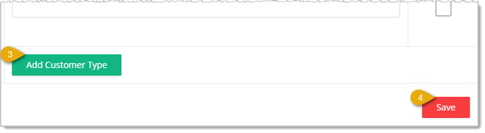 Image showing the lower part of the Customer Types page with major functions highlighted in the eTailPet system.