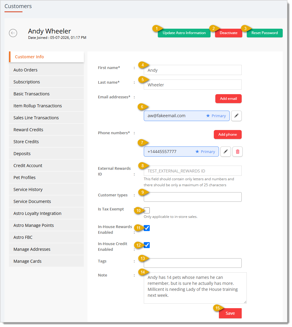 Image showing the Customer Details page in the eTailPet system with major functions highlighted.