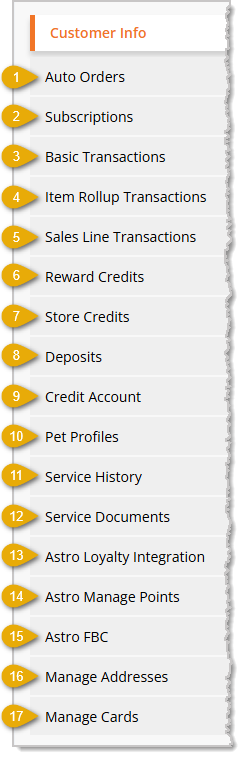 Image showing side tabs on the Customer Details page of the eTailPet system.