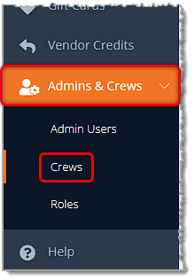 Image showing the Admin & Crews area of the main eTailPet menu with the Crews area highlighted.