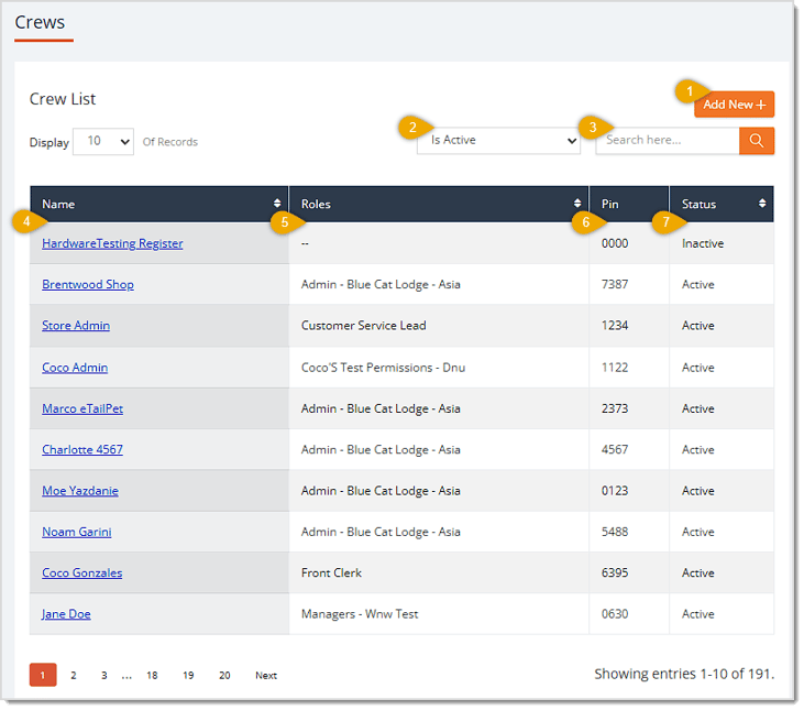 Image showing the Crews page in the eTailPet system with major functions highlighted.
